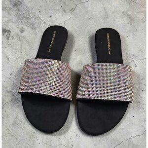 Rhinestone Embellished Slide Sandals Black Sole Multicolor Sparkle Band